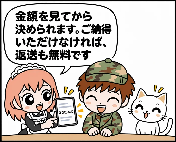 4コマ目：査定金額が表示された画面を見せながら「金額を見てから決められます。ご納得いただけなければ、返送も無料です」と説明するスタッフと、安心して笑顔になる男の子とネコのキャラクター