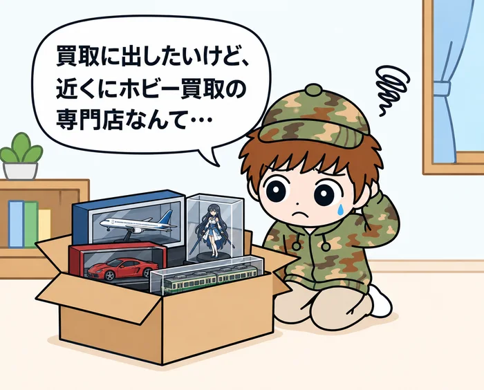 段ボールに詰めたホビーコレクションを前に「買取に出したいけど、近くにホビー買取の専門店なんて…」と困るおもじろう