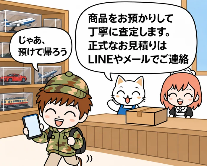 箱を店頭に預け「商品をお預かりして丁寧に査定します。正式なお見積りはLINEやメールでご連絡」と聞き、「じゃあ、預けて帰ろう」と安心して帰るおもじろう