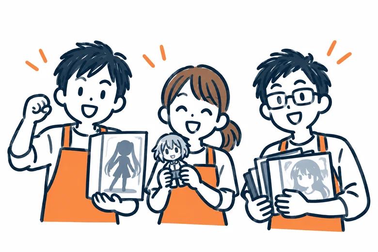 アニメグッズ買取 査定チーム イメージイラスト：フィギュアやグッズを手にしたスタッフ3名