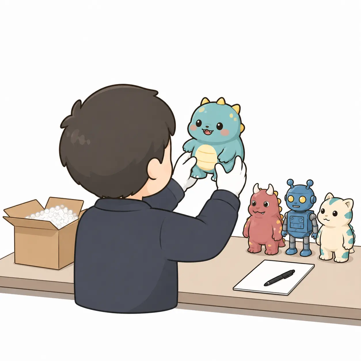 ソフビ買取 専門査定チーム 白手袋で怪獣ソフビを一点ずつ確認しているイラスト