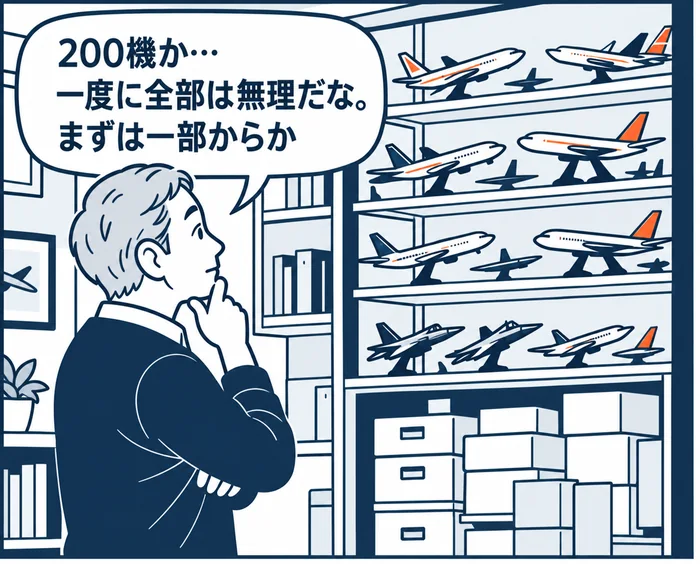 1コマ目：棚いっぱいに並んだ旅客機の模型を見上げ、「200機か…一度に全部は無理だな。まずは一部からか」と考える男性