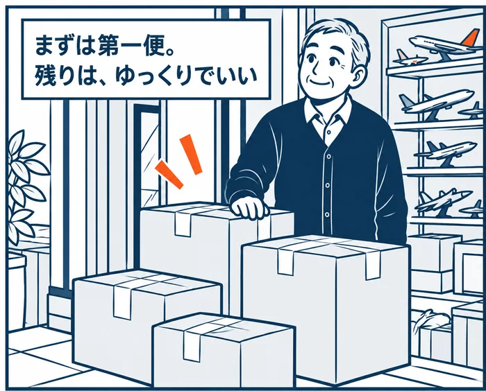 4コマ目：梱包した段ボールに手を置き、棚に残る模型を背に「まずは第一便。残りは、ゆっくりでいい」と穏やかに微笑む男性