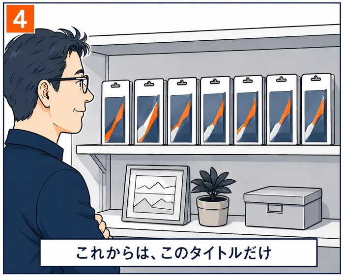 4コマ目：本命シリーズの台紙付きパッケージだけが整然と並んだ棚を見て微笑む男性。「これからは、このタイトルだけ」
