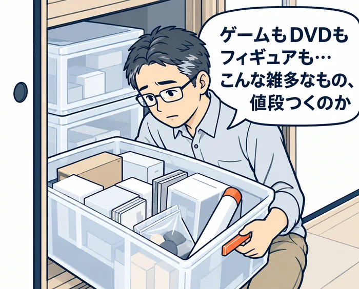 1コマ目：押入れの衣装ケースに入ったゲームソフトやDVD、フィギュアを見ながら「ゲームもDVDもフィギュアも…こんな雑多なもの、値段つくのか」と考える男性