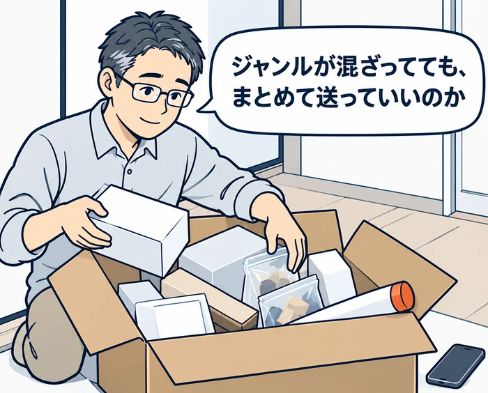 2コマ目：「ジャンルが混ざってても、まとめて送っていいのか」と、ゲームやDVDを仕分けせずに段ボール箱へ詰める男性