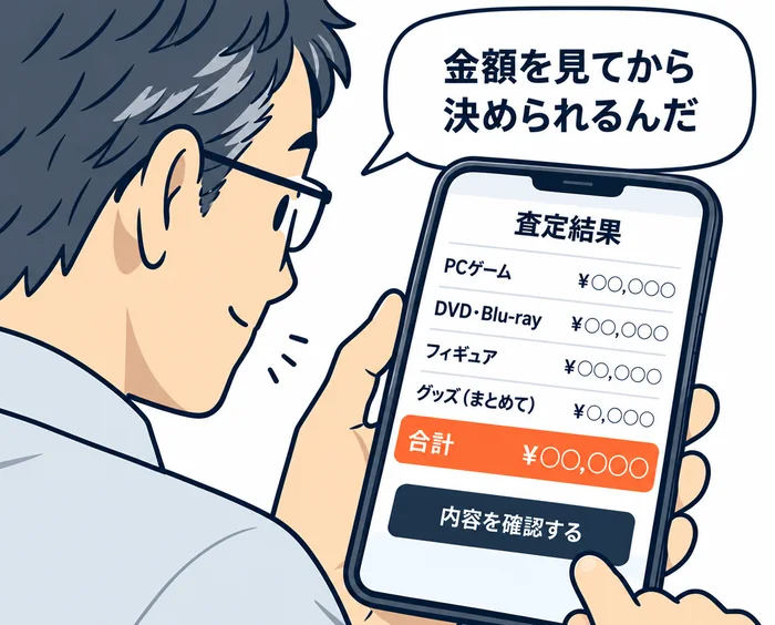 3コマ目：「金額を見てから決められるんだ」と、PCゲーム・DVD・Blu-ray・フィギュア・グッズ（まとめて）の内訳が並ぶ査定結果をスマホで確認する男性