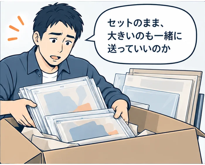 2コマ目:「セットのまま、大きいのも一緒に送っていいのか」とセル画を袋のまま段ボールに詰める男性