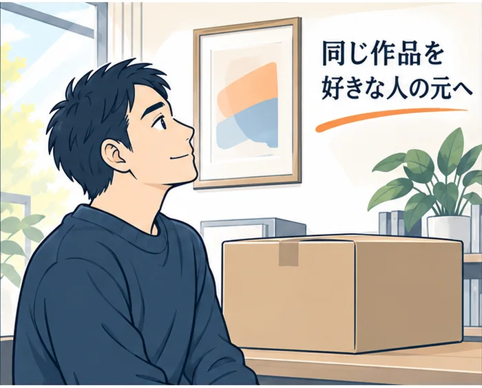 4コマ目:発送用の箱を前に、壁に飾った1枚を見上げて微笑む男性。「同じ作品を好きな人の元へ」