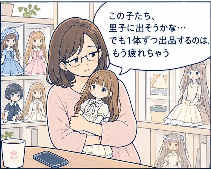 1コマ目：ドールが並ぶ飾り棚の前で1体を抱きしめ、「この子たち、里子に出そうかな…でも1体ずつ出品するのは、もう疲れちゃう」と悩む女性