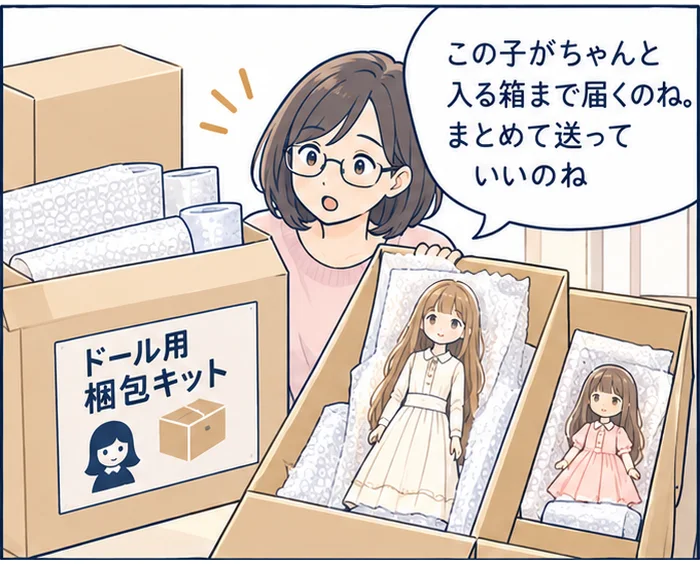 2コマ目：届いた梱包キットの箱に、緩衝材で包んだドールを寝かせて詰めながら「まとめて送っていいのね」と驚く女性