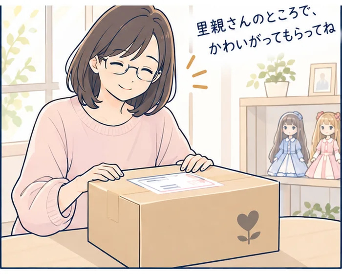 4コマ目：発送する段ボール箱にそっと手を添え、「里親さんのところで、かわいがってもらってね」と微笑む女性。棚には手元に残したドールが2体