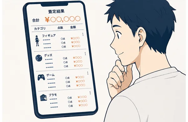 3コマ目：フィギュア・グッズ・ゲーム・プラモの区分ごとに点数と金額が並ぶ査定結果をスマホで確認する男性