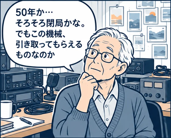 1コマ目:無線機やマイクが並ぶシャックで「50年か…そろそろ閉局かな。でもこの機械、引き取ってもらえるものなのか」と考える男性