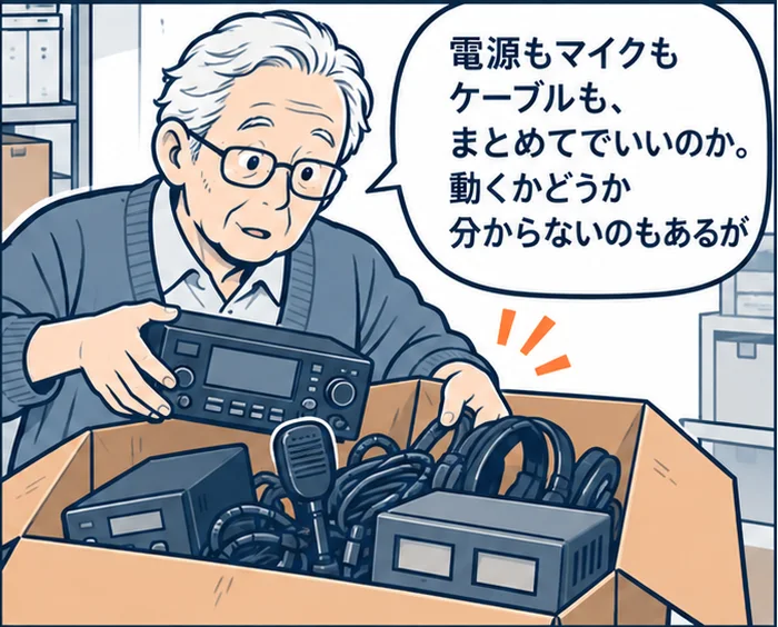 2コマ目:「電源もマイクもケーブルも、まとめてでいいのか。動くかどうか分からないのもあるが」と無線機と周辺機器を段ボールに詰める男性