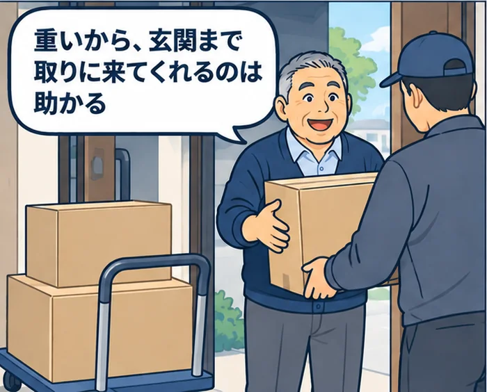 3コマ目：玄関で梱包した段ボールを配達員に渡し、「重いから、玄関まで取りに来てくれるのは助かる」とほっとする男性
