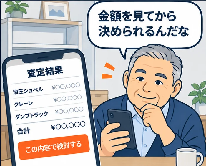 4コマ目：スマートフォンで査定結果を確認し、「金額を見てから決められるんだな」と納得して微笑む男性
