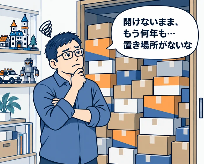 1コマ目:押入れに積まれた開けていないレゴセットの箱と、棚に飾った組み立て済み作品を前に「開けないまま、もう何年も…置き場所がないな」と考え込む男性