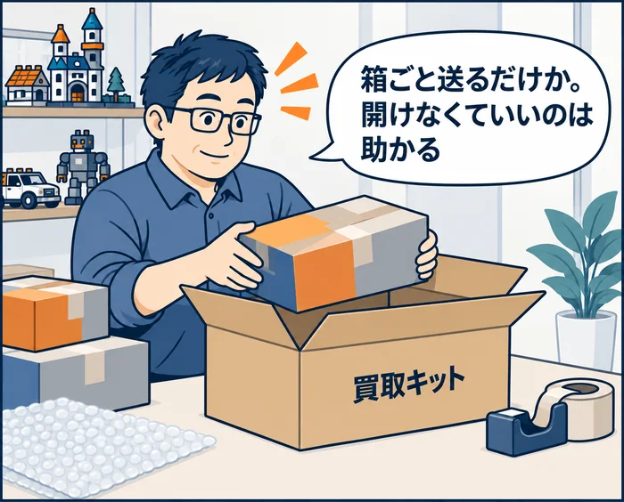 2コマ目:レゴセットの箱を開けずにそのまま買取キットの段ボールへ入れながら「箱ごと送るだけか。開けなくていいのは助かる」と話す男性