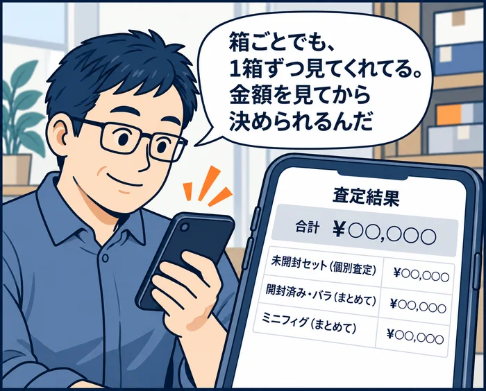 3コマ目:未開封セット(個別査定)、開封済み・バラ(まとめて)、ミニフィグ(まとめて)と区分された査定結果をスマートフォンで確認し「箱ごとでも、1箱ずつ見てくれてる。金額を見てから決められるんだ」と納得する男性
