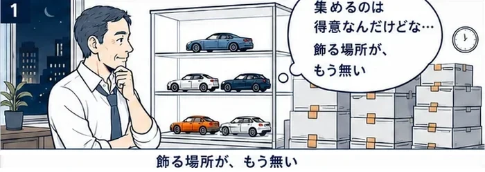 1コマ目：飾り棚と積み上がった箱を前に「集めるのは得意なんだけどな…飾る場所が、もう無い」と考える男性