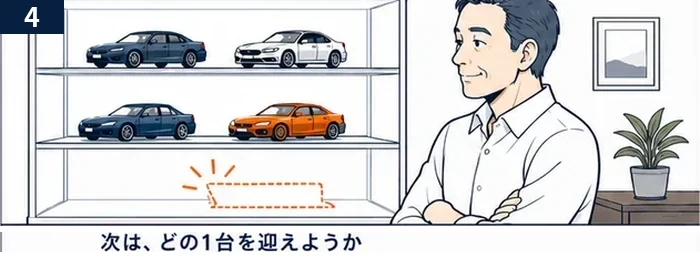 4コマ目：「次は、どの1台を迎えようか」空きスペースができた飾り棚を眺める男性