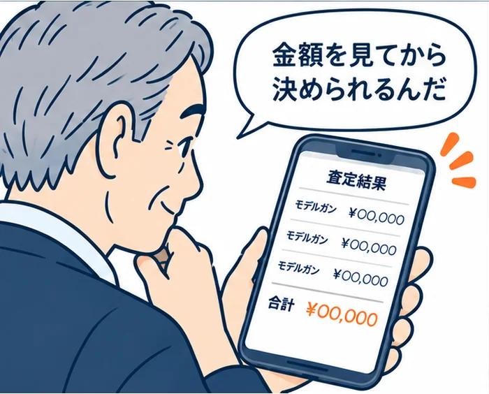 3コマ目:「金額を見てから決められるんだ」とモデルガンごとの内訳と合計が並ぶ査定結果をスマホで確認する男性