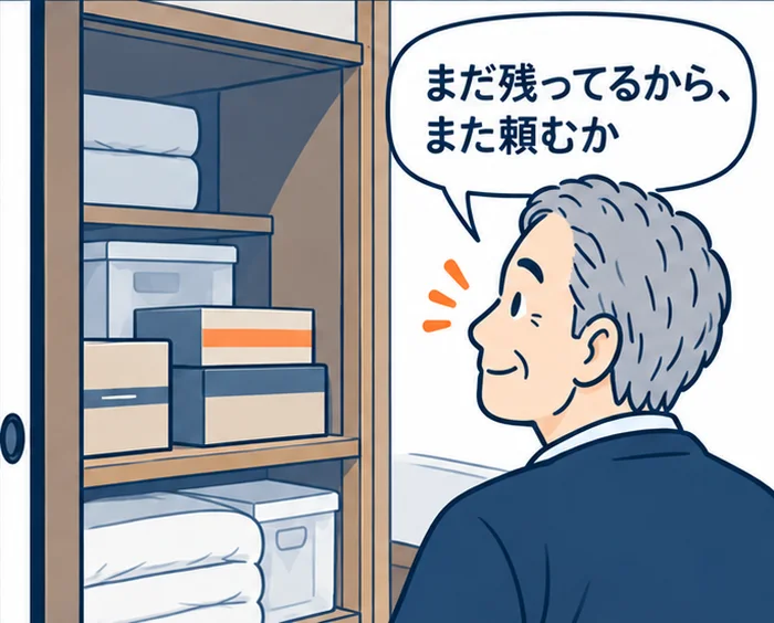 4コマ目:押し入れに残った箱を見て「まだ残ってるから、また頼むか」と微笑む男性