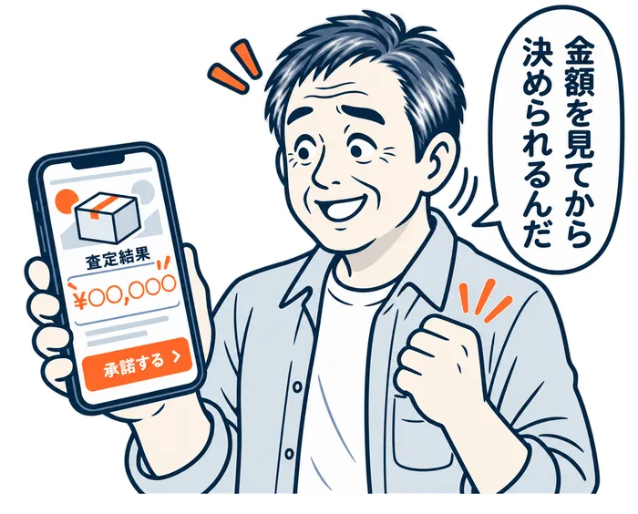 3コマ目：「金額を見てから決められるんだ」とスマホの査定結果を確認する男性