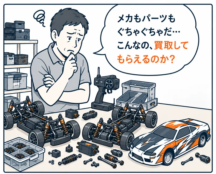 1コマ目:散らかったシャーシ・プロポ・パーツを前に「メカもパーツもぐちゃぐちゃだ…こんなの、買取してもらえるのか?」と悩む男性