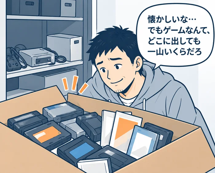 1コマ目:押し入れから出てきた段ボールいっぱいのゲームソフトを前に「懐かしいな…でもゲームなんて、どこに出しても一山いくらだろ」と苦笑いする男性