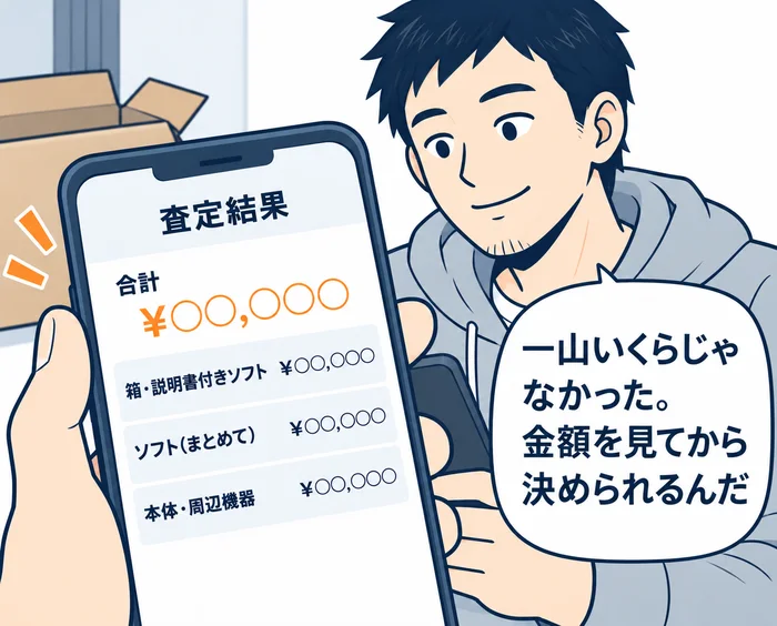 3コマ目:箱・説明書付きソフト、ソフト(まとめて)、本体・周辺機器の内訳と合計が並ぶ査定結果をスマホで確認し「一山いくらじゃなかった。金額を見てから決められるんだ」と微笑む男性