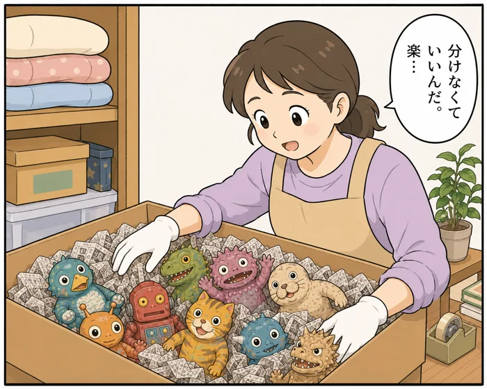 1コマ目：「分けなくていいんだ。楽…」と仕分けせずソフビを新聞紙と一緒に段ボールへ詰める女性
