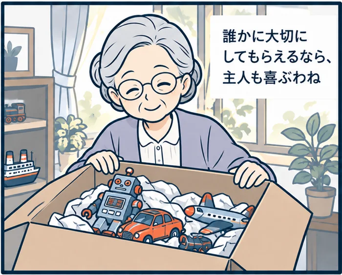 4コマ目：ブリキ玩具を緩衝材で包んで段ボールに詰めながら微笑む女性。「誰かに大切にしてもらえるなら、主人も喜ぶわね」