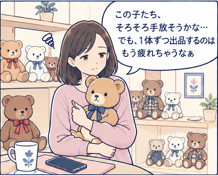 テディベア買取マンガ 1コマ目：棚いっぱいのテディベアに囲まれ「この子たち、そろそろ手放そうかな…でも、1体ずつ出品するのはもう疲れちゃうなぁ」と悩む女性