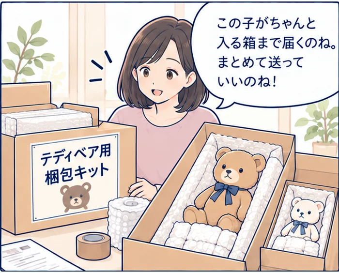 テディベア買取マンガ 2コマ目：届いた梱包キットの箱に緩衝材でテディベアを包んで入れ「この子がちゃんと入る箱まで届くのね。まとめて送っていいのね！」と安心する女性