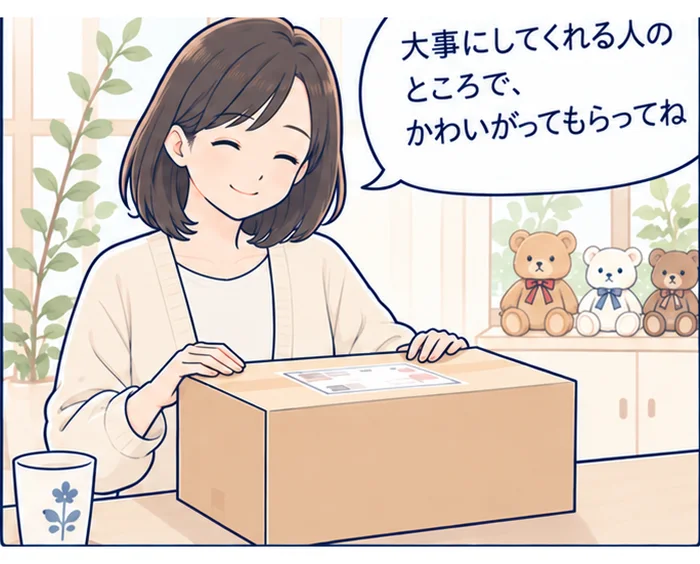 テディベア買取マンガ 4コマ目：梱包した箱に手を添え「大事にしてくれる人のところで、かわいがってもらってね」とテディベアを送り出す女性