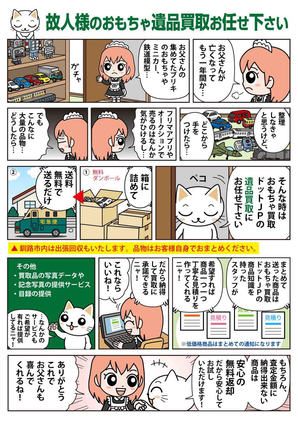 コレクターズホビーをはじめとしたおもちゃ・ホビー・コレクションの遺品買取の流れを漫画で説明しています。